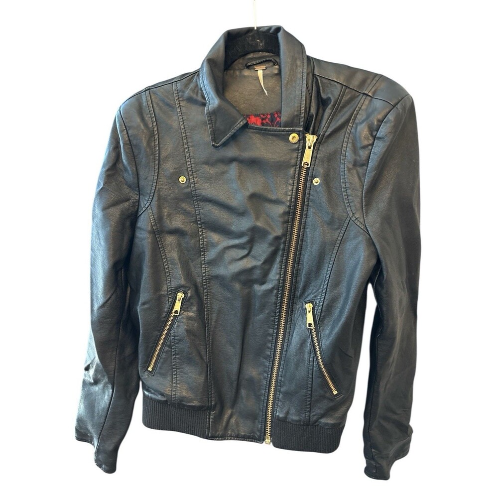 Free People Jacket Womens L Black Vegan Leather Zip Moto Biker Indie sleaze Boho